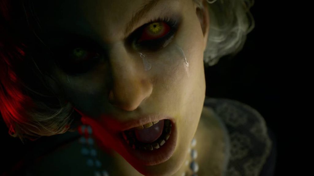 A woman with demonic red eyes and blood on her face appears in a chilling scene from What have you done, Father? by Gert Lush Gaming.