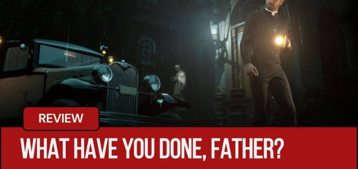 The investigator searches for clues near a parked car outside the rectory in What have you done, Father? by Gert Lush Gaming.