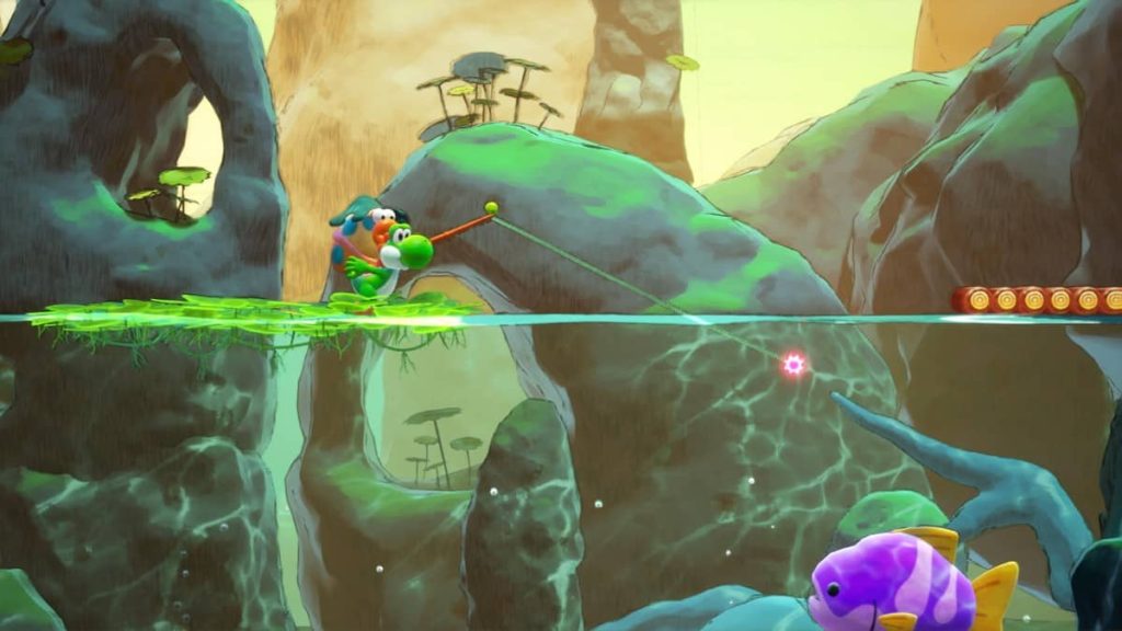 Yoshi helps a character fish in the river during this serene moment in Yoshi and the Mysterious Book on Gert Lush Gaming.