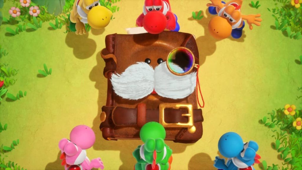 The group of Yoshis gather in the grass to examine the Talking Book in Yoshi and the Mysterious Book on Gert Lush Gaming.